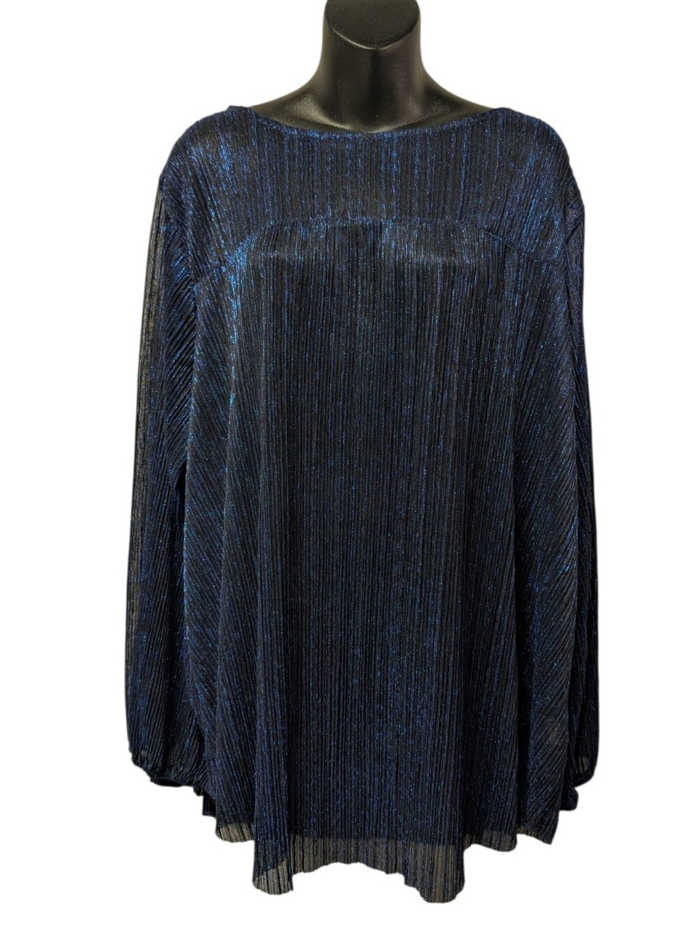 Roaman's Blue Black Metallic Pleated Sheer Long Sleeve Round Neck Blouse Size 20